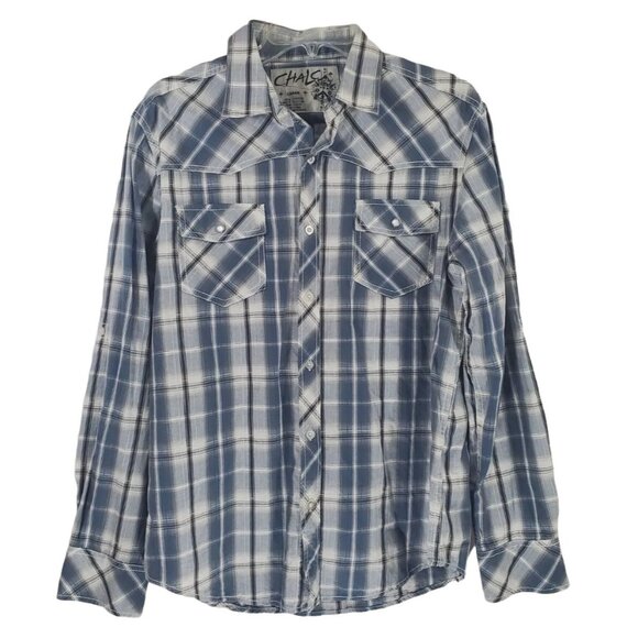 Chalc Western Shirt Button Up Blue White Plaid Long Sleeve Mens Large - Picture 1 of 8